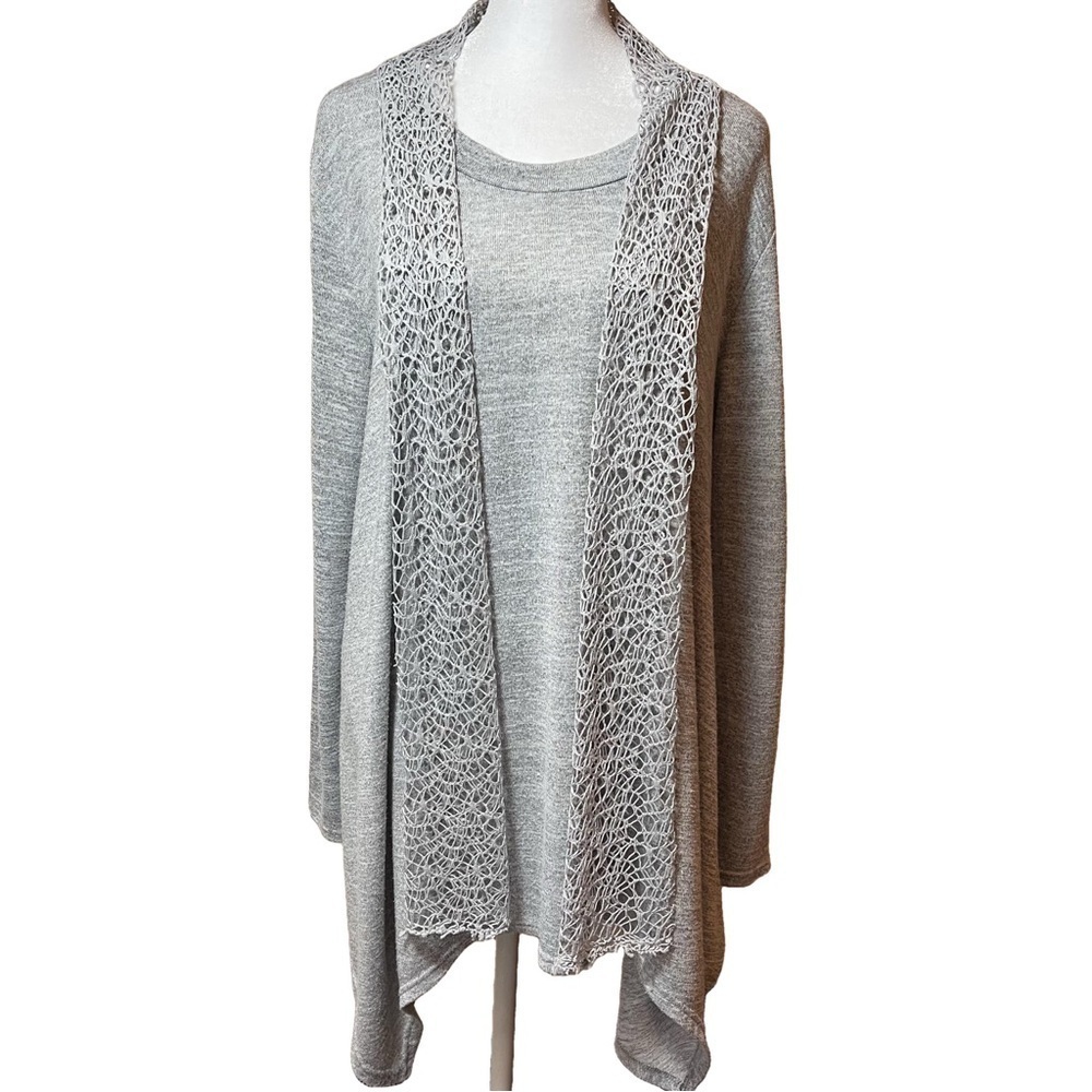 Malissa J Collection Gray Pullover Tunic Sweater Blouse Attached Crochet Scarf